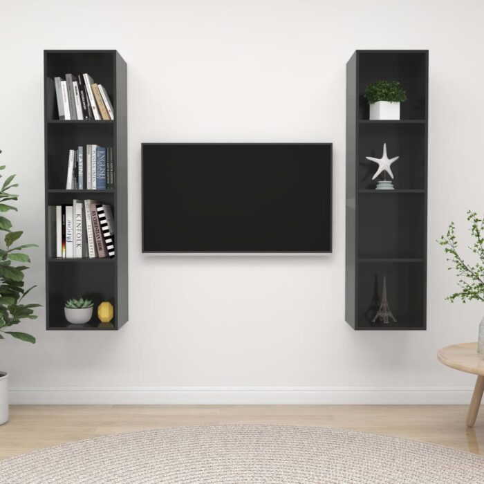 Meubles TV muraux 2 pcs Gris brillant Bois d'ingénierie – Image 1