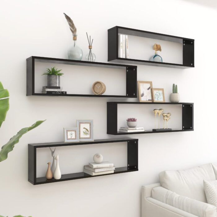 Étagères cube murales 4 pcs noir 100x15x30 cm bois d'ingénierie – Image 1