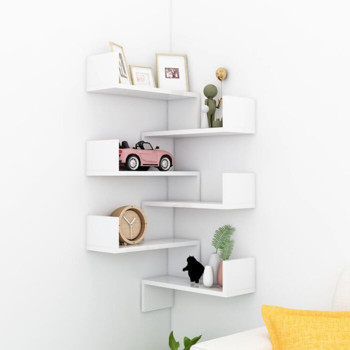Étagères murales d'angle 2 pcs Blanc brillant Bois d’ingénierie – Image 1