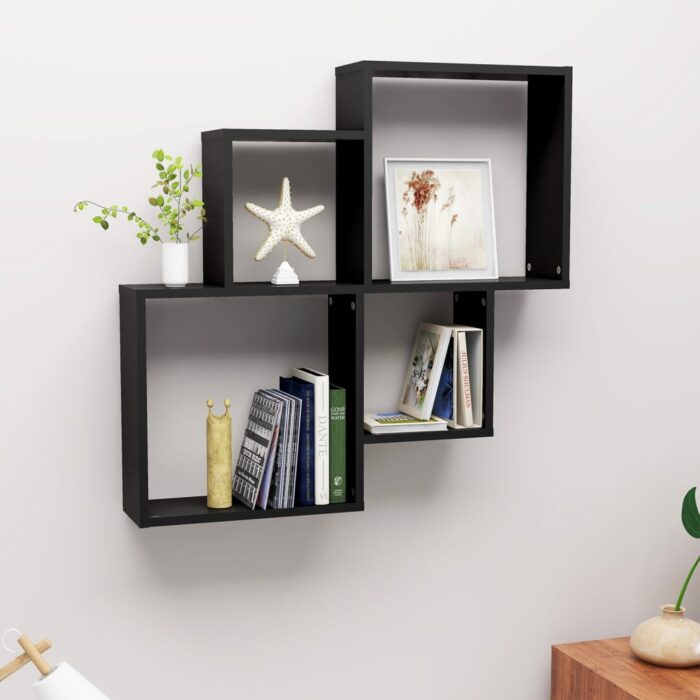Étagère murale cube Noir 80x15x78,5 cm Bois d’ingénierie – Image 1