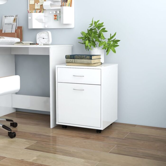 Armoire à roulettes Blanc brillant 45x38x54cm Bois d’ingénierie – Image 1