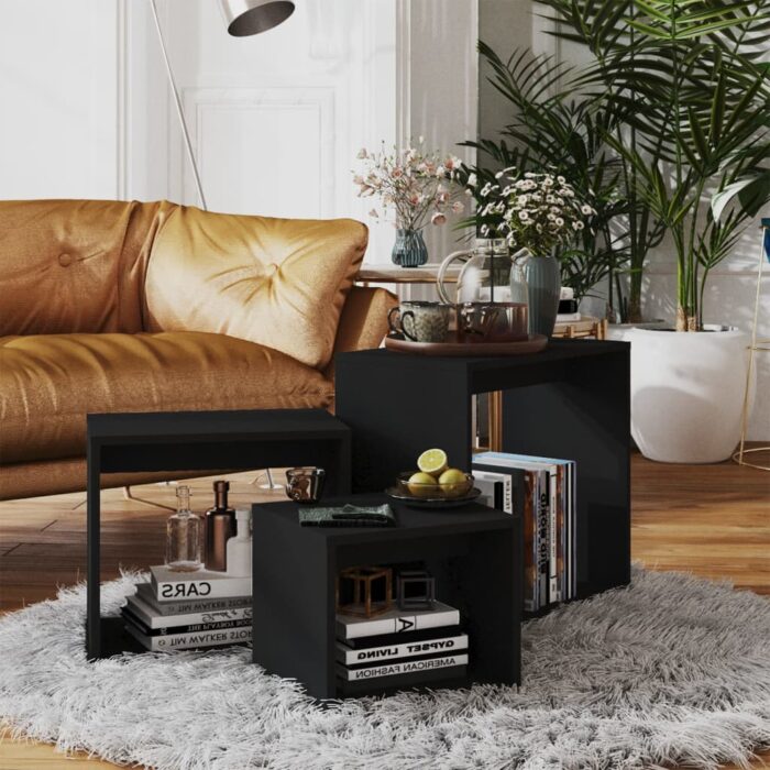 Tables gigognes 3 pcs Noir Aggloméré – Image 1