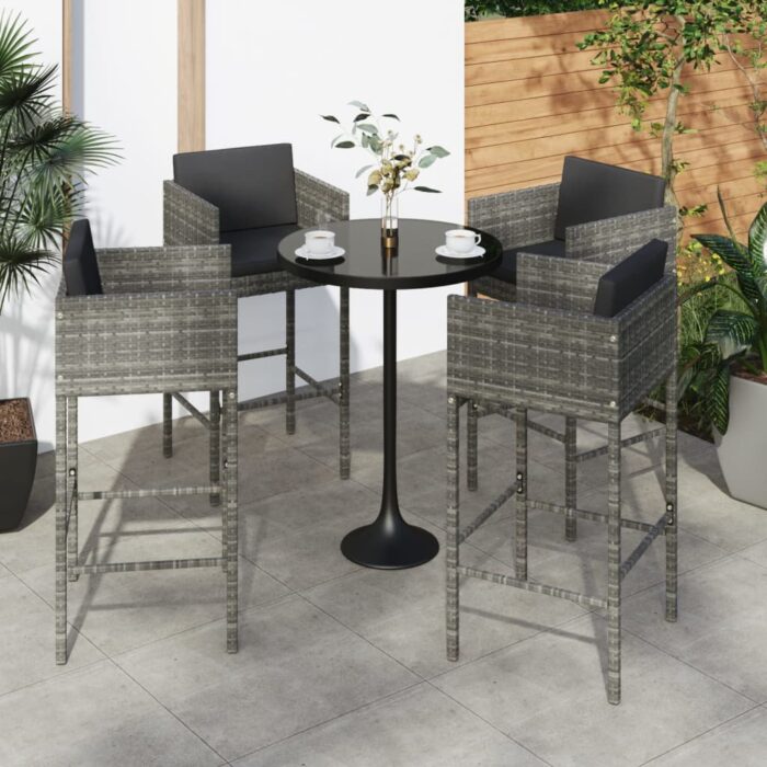 Tabourets de bar lot de 4 avec coussins gris résine tressée – Image 1