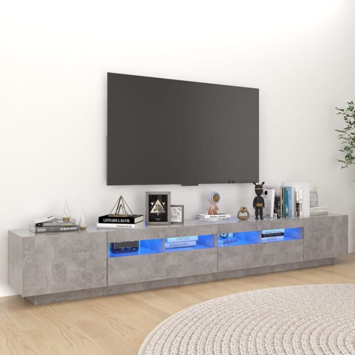 Meuble TV avec lumières LED Gris béton 260x35x40 cm – Image 1