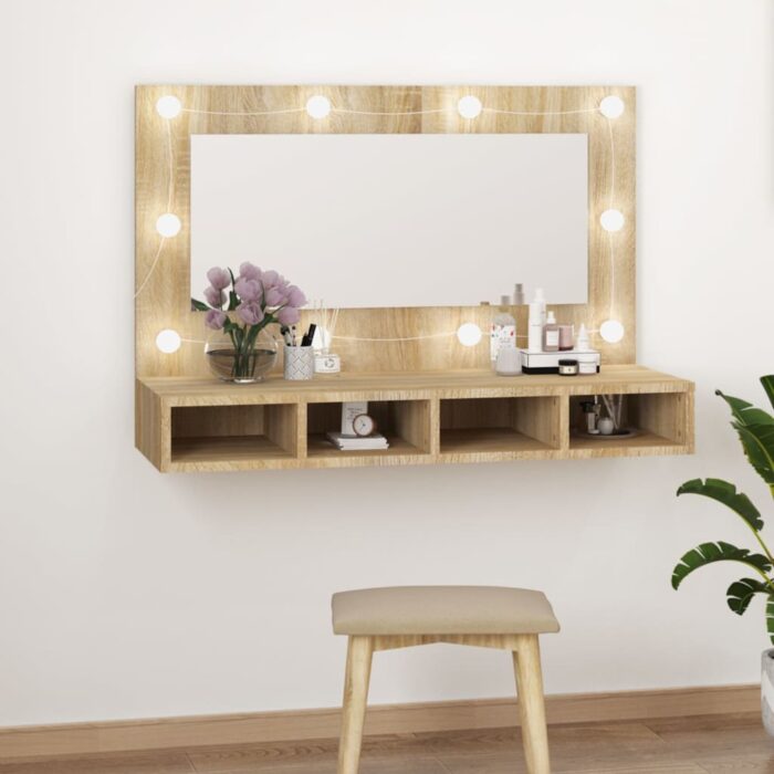 Armoire à miroir avec LED Chêne sonoma 90x31,5x62 cm – Image 9
