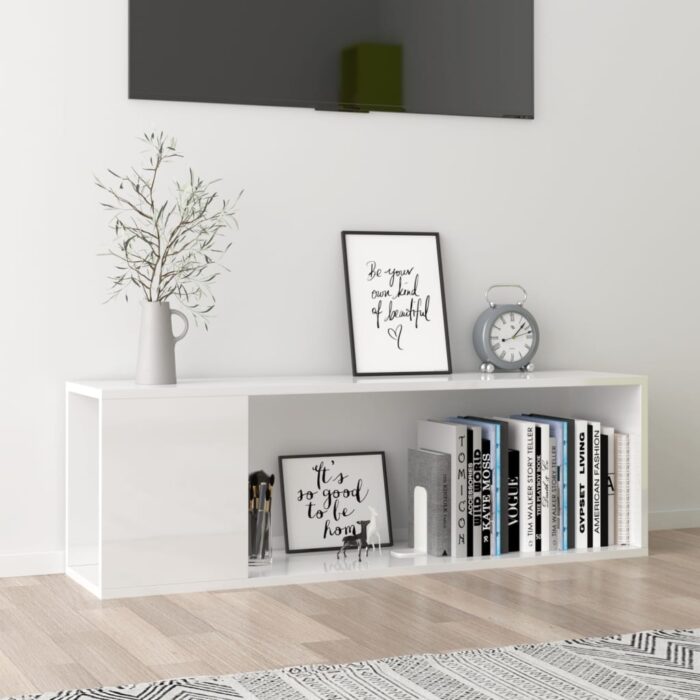 Meuble TV Blanc brillant 100x24x32 cm Bois d'ingénierie – Image 1