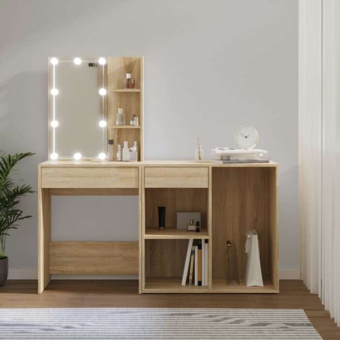 Coiffeuse à LED avec armoire Chêne sonoma Bois d'ingénierie – Image 1