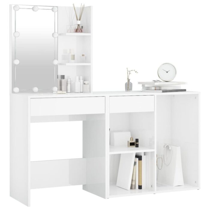 Coiffeuse à LED avec armoire Blanc brillant Bois d'ingénierie – Image 9