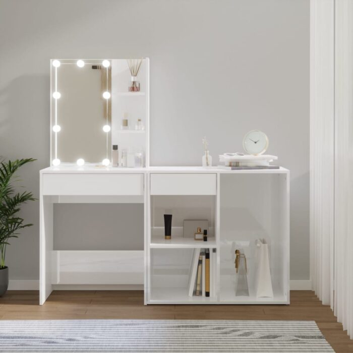 Coiffeuse à LED avec armoire Blanc brillant Bois d'ingénierie – Image 1