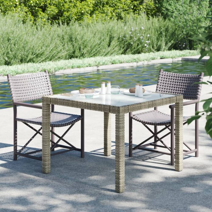 Table de jardin 90x90x75 cm Verre trempé et résine tressée Gris – Image 1