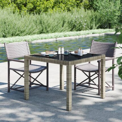 Table de jardin 90x90x75 cm Verre trempé et résine tressée Gris