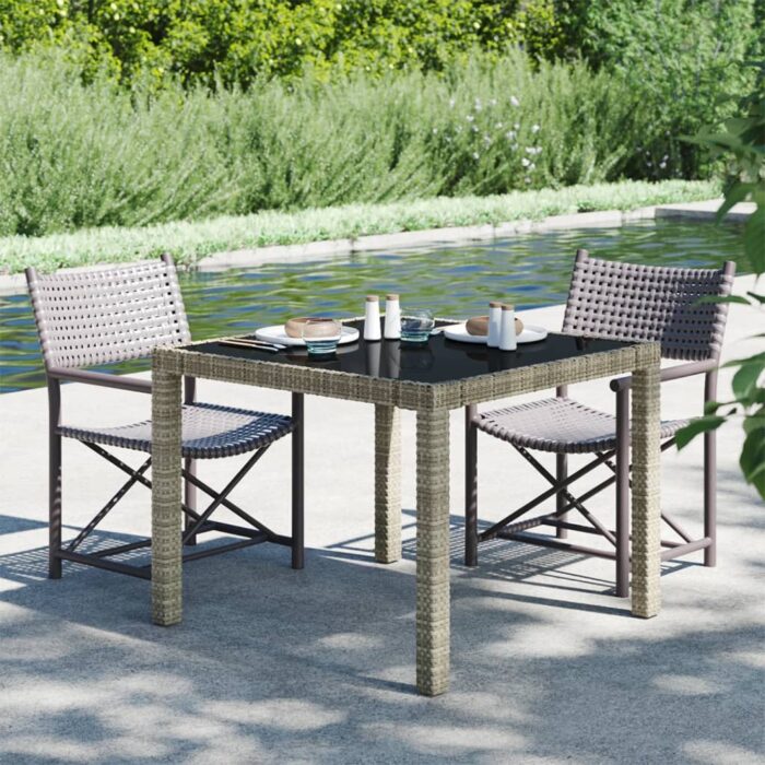 Table de jardin 90x90x75 cm Verre trempé et résine tressée Gris – Image 1