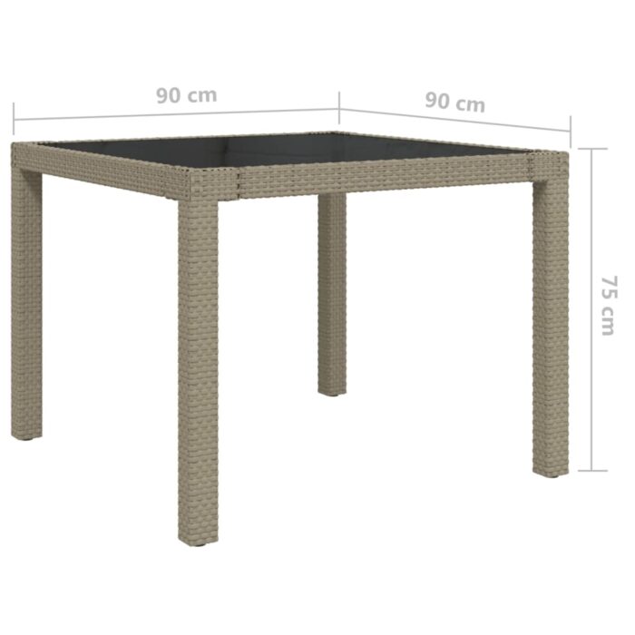Table de jardin 90x90x75cm Verre trempé et résine tressée Beige – Image 4
