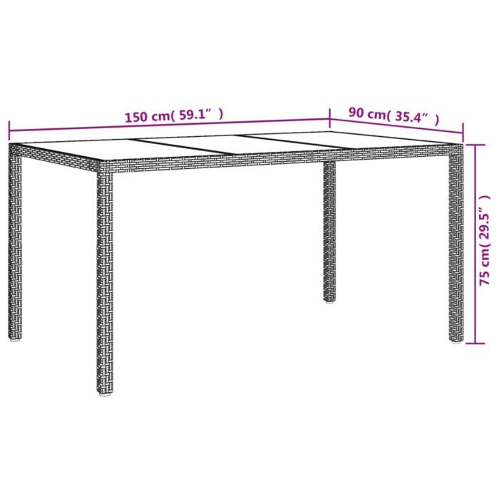 Table de jardin 150x90x75 cm Verre trempé et poly rotin Gris – Image 4