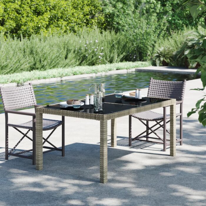 Table de jardin 150x90x75 cm Verre trempé et poly rotin Gris – Image 1