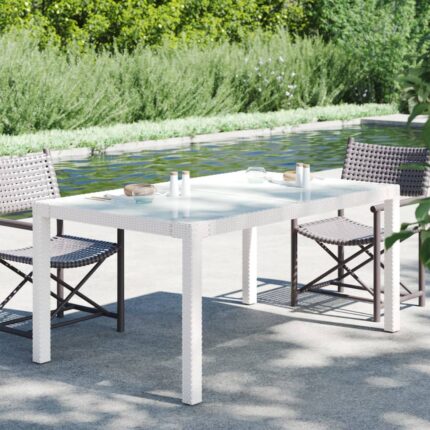 Table de jardin 150x90x75 cm Verre trempé/résine tressée Blanc