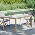 Table de jardin 150x90x75 cm Verre trempé/résine tressée Beige