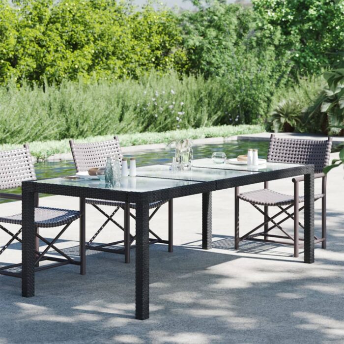 Table de jardin Noir 190x90x75 cm Verre trempé/résine tressée – Image 1