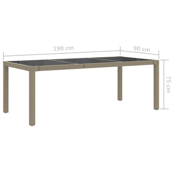 Table de jardin Beige 190x90x75 cm Verre trempé/résine tressée – Image 4