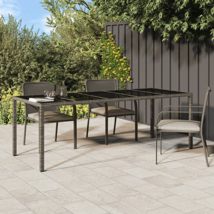 Table de jardin gris 250x100x75 cm Verre trempé et poly rotin – Image 1