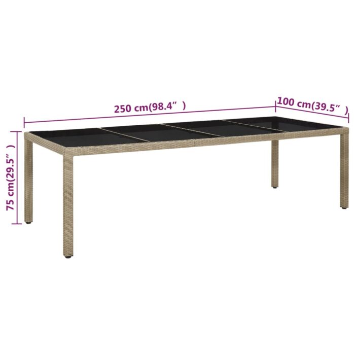 Table de jardin Beige 250x100x75 cm Verre trempé et poly rotin – Image 4