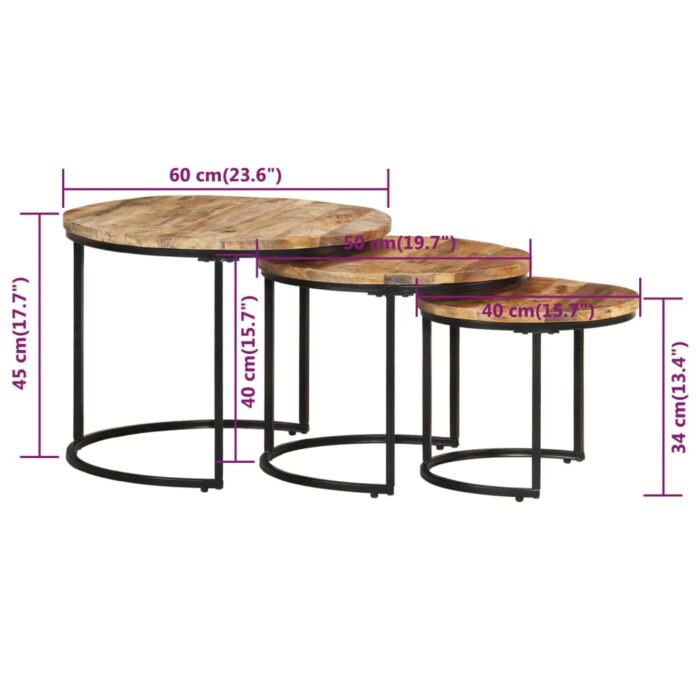 Tables gigognes 3 pcs Bois de manguier brut – Image 7