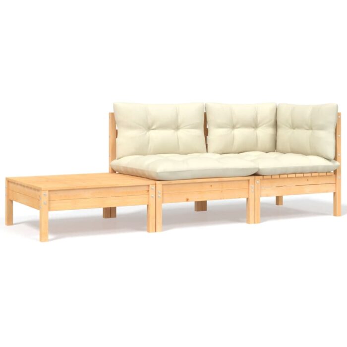 Salon de jardin 3 pcs avec coussins crème Bois de pin massif – Image 1