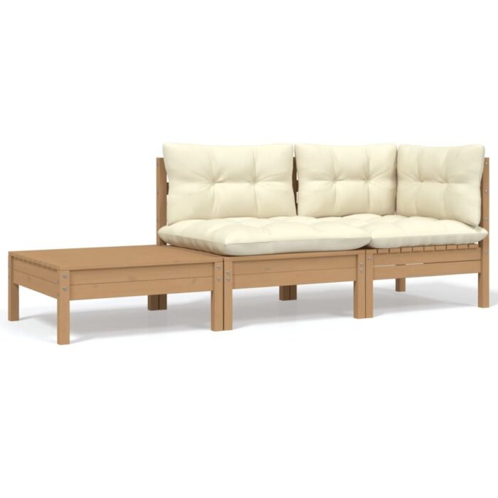 Salon de jardin 3 pcs avec coussins crème bois de pin massif – Image 1
