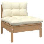 Salon de jardin 3 pcs avec coussins crème bois de pin massif – Image 2