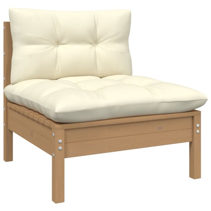 Salon de jardin 3 pcs avec coussins crème bois de pin massif – Image 2