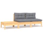 Salon de jardin 3 pcs avec coussins gris Bois de pin massif