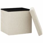 Tabouret de rangement pliable Blanc crème Faux lin – Image 2
