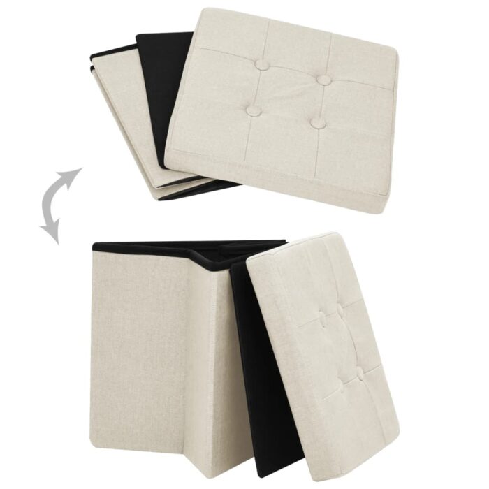 Tabouret de rangement pliable Blanc crème Faux lin – Image 3