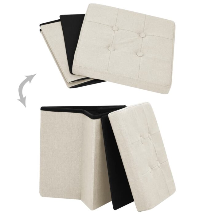 Tabourets de rangement pliables lot de 2 blanc crème Faux lin – Image 4