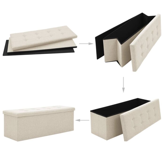 Banc de rangement pliable Blanc crème Faux lin – Image 3