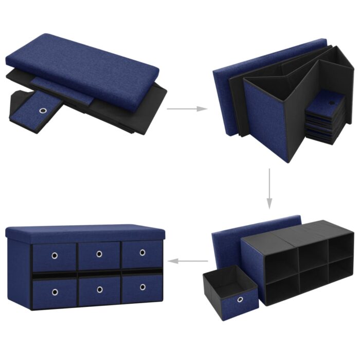Banc de rangement pliable Bleu 76x38x38 cm Faux lin – Image 5