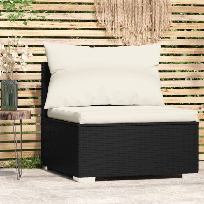 Canapé central de jardin avec coussins Noir Résine tressée – Image 1