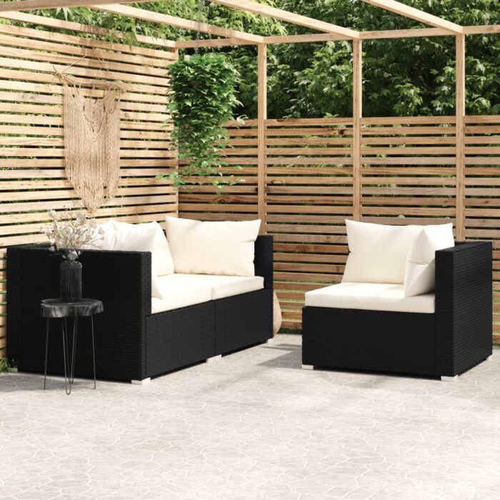 Salon de jardin 3 pcs avec coussins Noir Résine tressée – Image 1