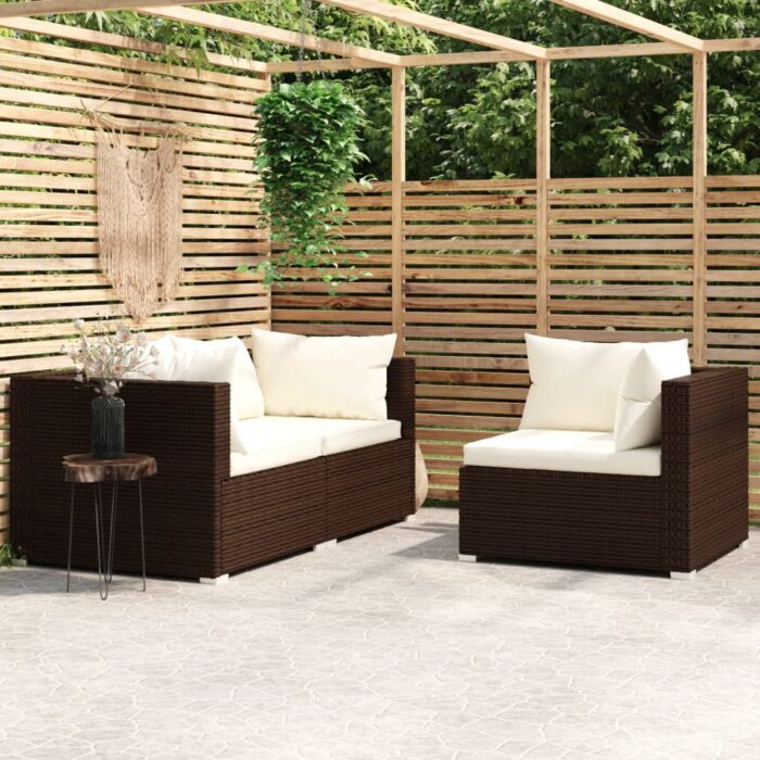 Salon de jardin 3 pcs avec coussins Marron Résine tressée – Image 1