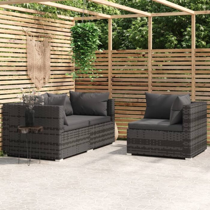 Salon de jardin 3 pcs avec coussins Gris Résine tressée – Image 1