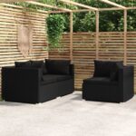 Salon de jardin 3 pcs avec coussins Noir Résine tressée
