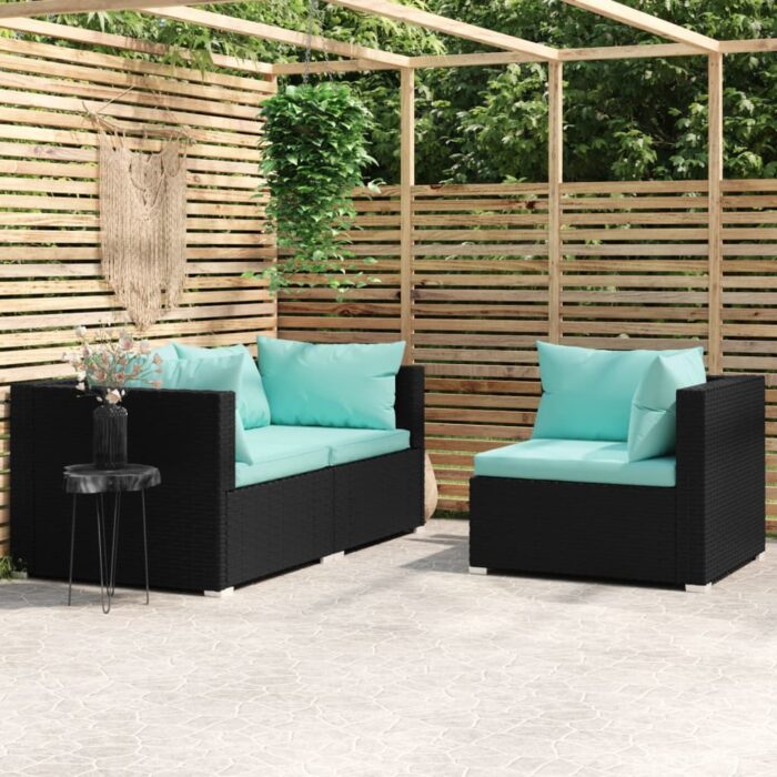 Salon de jardin 3 pcs avec coussins Noir Résine tressée – Image 1