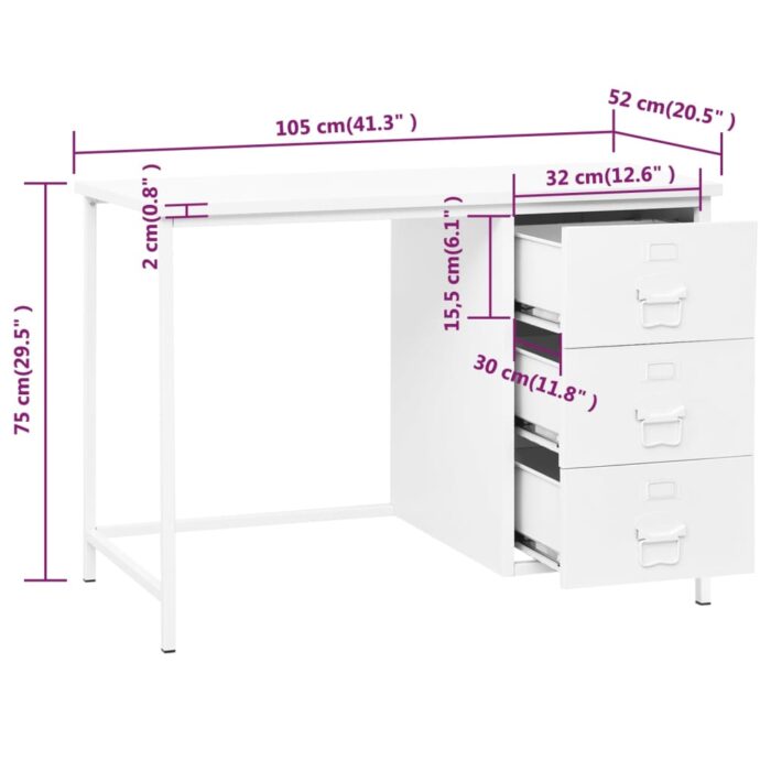 Bureau industriel avec tiroirs Blanc 105x52x75 cm Acier – Image 7