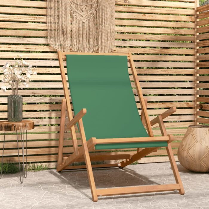 Chaise de plage pliable Bois de teck solide Vert – Image 1