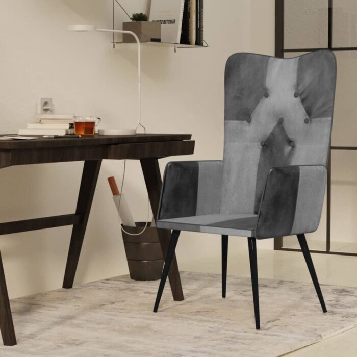 Chaise à oreilles Gris Cuir véritable – Image 1