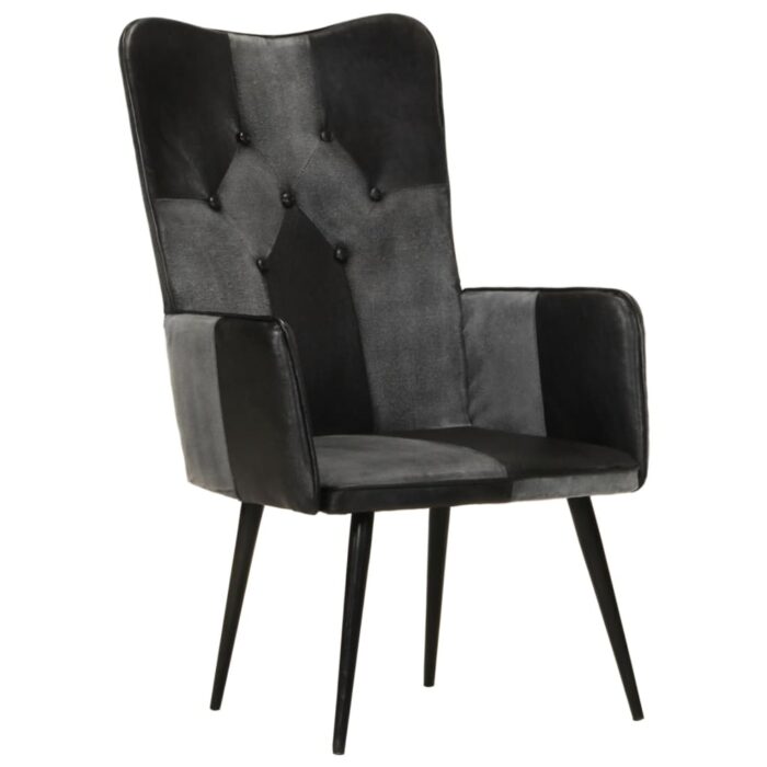 Chaise à oreilles Noir et gris Cuir véritable – Image 9