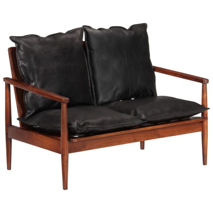 Canapé 2 places noir cuir véritable et bois d'acacia solide – Image 1