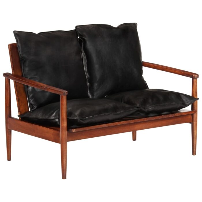 Canapé 2 places noir cuir véritable et bois d'acacia solide – Image 10