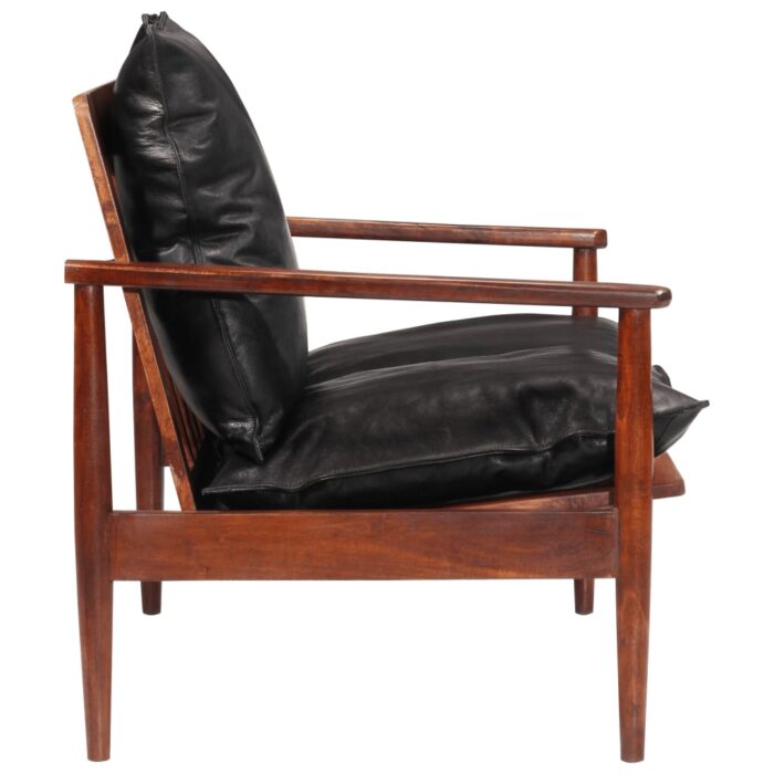 Canapé 2 places noir cuir véritable et bois d'acacia solide – Image 2