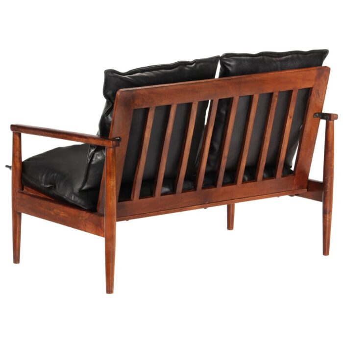 Canapé 2 places noir cuir véritable et bois d'acacia solide – Image 3